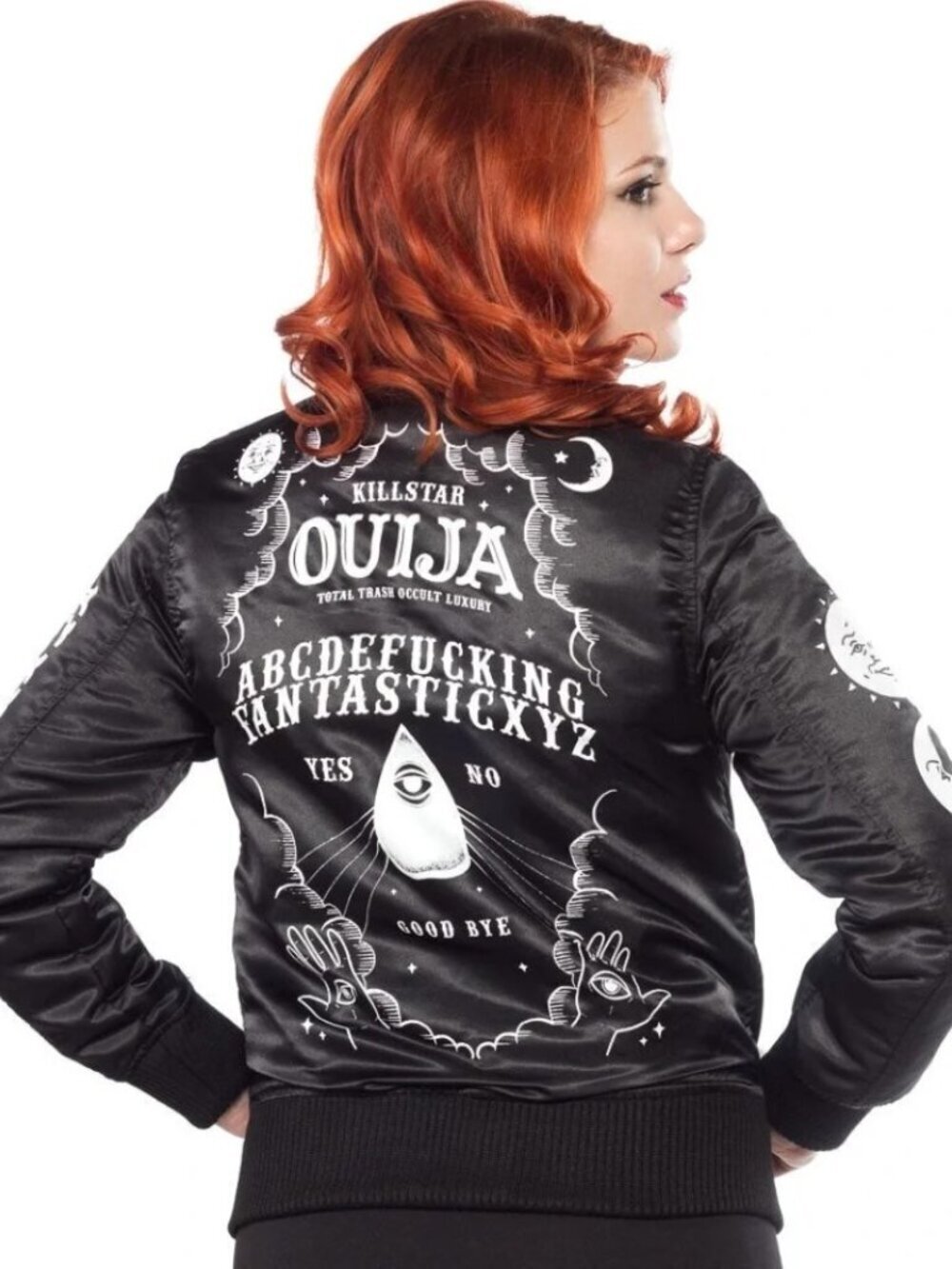 Killstar Ouija Board Women’s Black Satin Quilted Bomber Jacket Medium